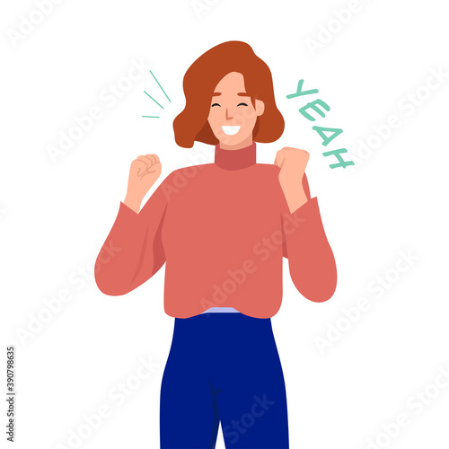 woman getting excited while screaming yeah and hands in the air. Flat vector illustration isolated on white background