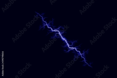 Powerful electrical discharge striking from side to side realistic illustration isolated on black transparent background. Flaming lightning strike in the dark. Electrical energy flash light effect