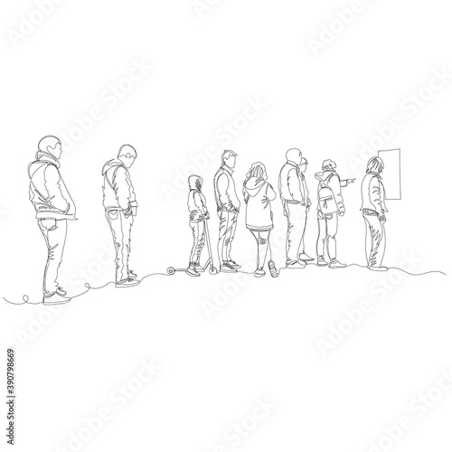 people in line. people stand at a distance. vector contour image with a single line. infinite line