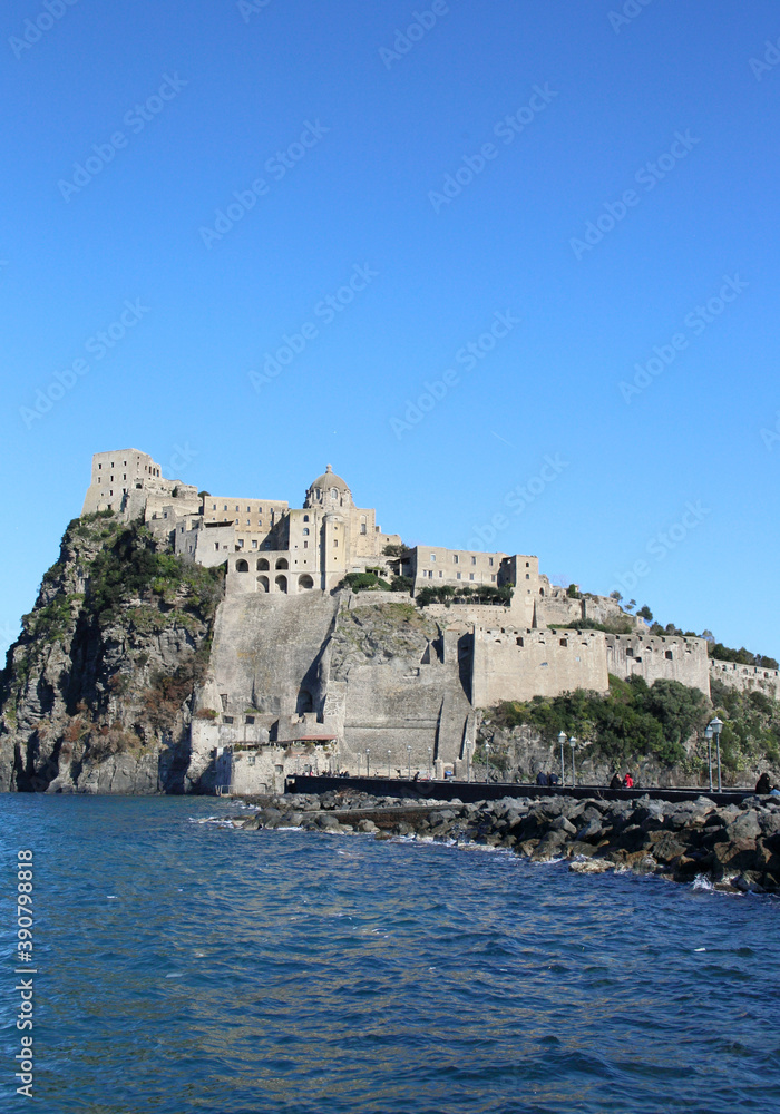 Aragonese Castle on a sunny day on Ischia Island of Napoli, Italy 