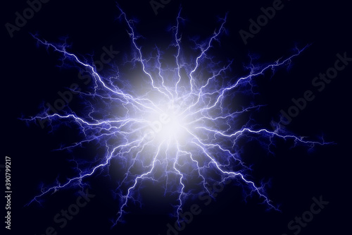 Powerful electrical discharge hitting from the center realistic illustration isolated on black transparent background. Flaming lightning strike in the dark. Electrical energy flash light effect