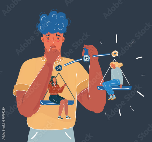 Vector illustration of young man choosing between two women with scale on dark background.