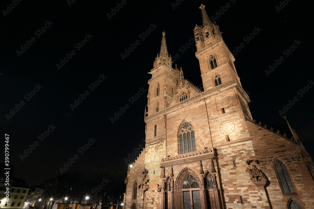 Basel Cathedral at night, a landmark in Switzerland