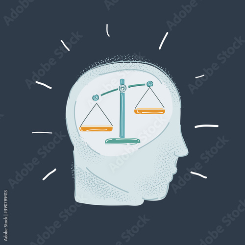 Vector illustration of head of person who make decision with scale on dark background.