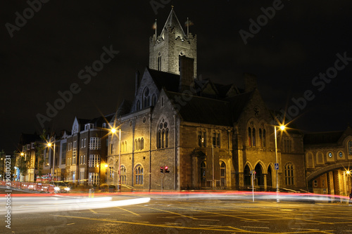 Photography Christ Church Cathedral and city centre at night in Dublin, Ireland