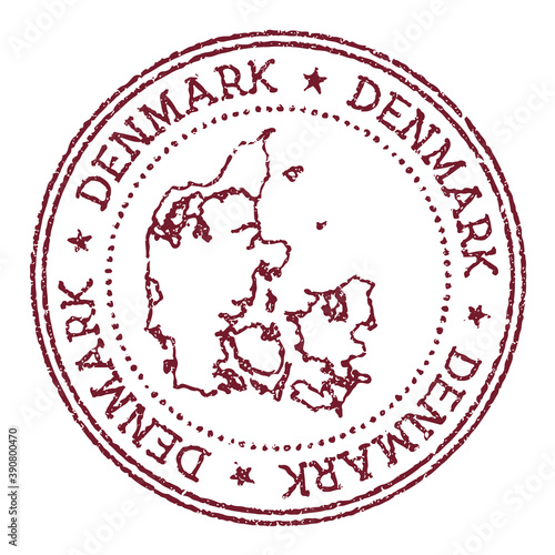Denmark round rubber stamp with country map. Vintage red passport stamp with circular text and stars, vector illustration.
