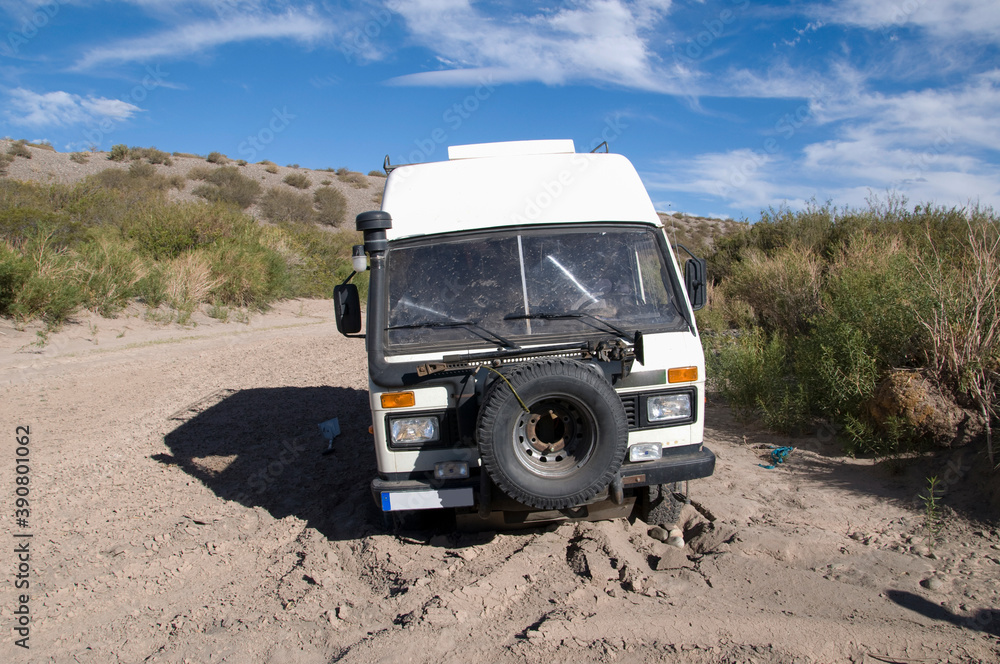 4x4 Camper Van stuck in sand in the desert in Argentina