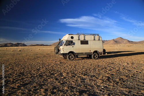 4x4 Offroad Camper Van at desert landscape in Bolivia