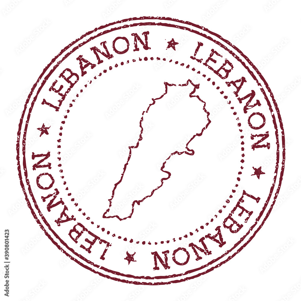 Lebanon round rubber stamp with country map. Vintage red passport stamp