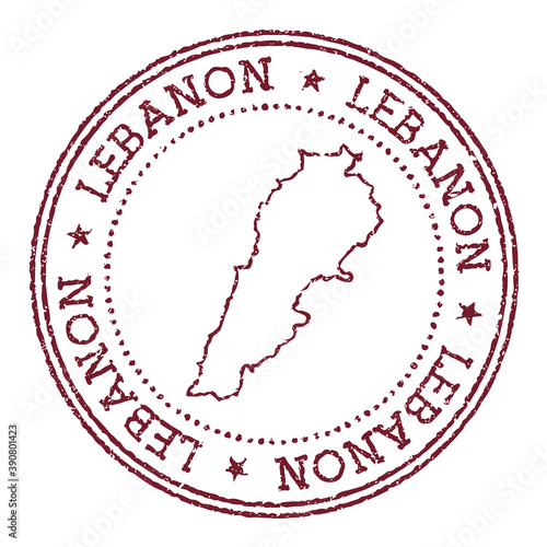 Lebanon round rubber stamp with country map. Vintage red passport stamp with circular text and stars, vector illustration.