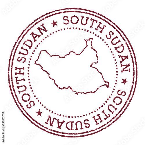 South Sudan round rubber stamp with country map. Vintage red passport stamp with circular text and stars, vector illustration.