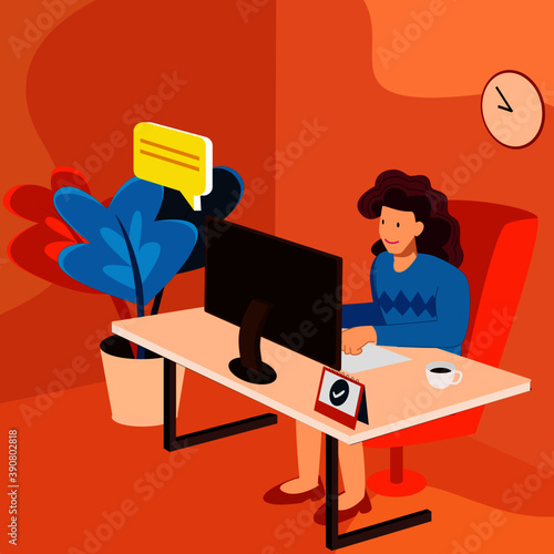 Young woman freelancer works remotely from her Home. Work from home concept.  Ilustration about new normal condition after pandemic.