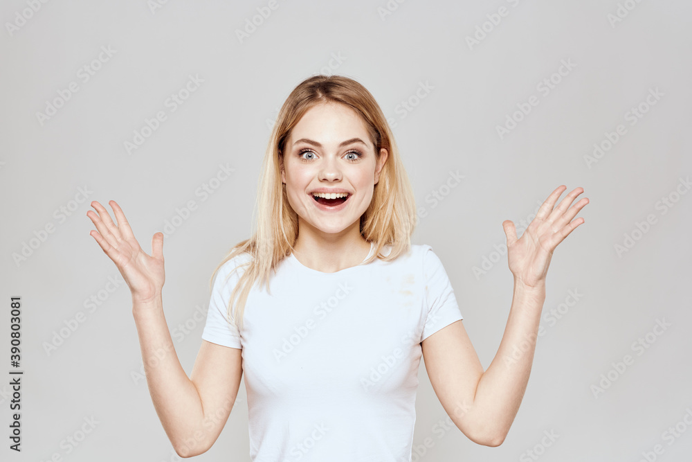 custom made wallpaper toronto digitalCute blonde white t-shirt gesture with hands lifestyle light background
