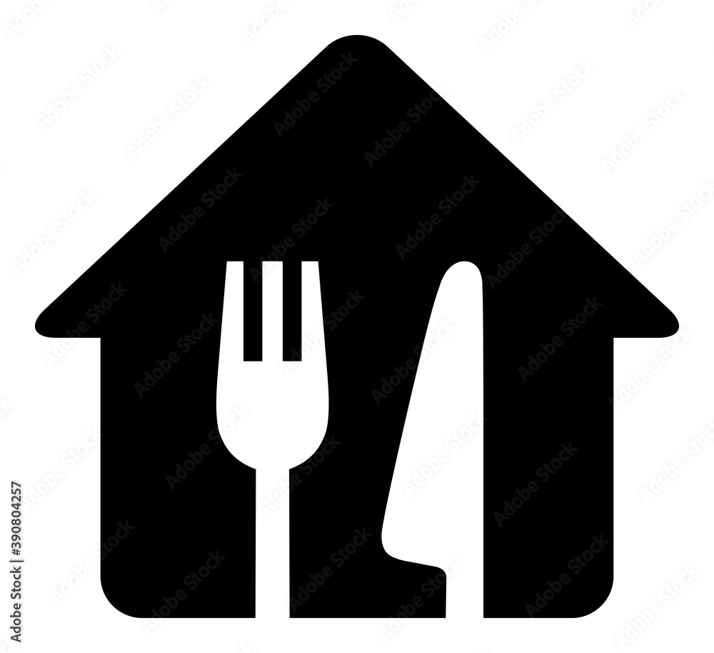 Fototapeta premium Knife and fork, simple black and white icon of house silhouette