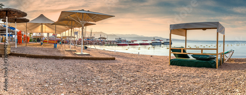Morning panoramic view on relaxing facilities on sandy beach of the Red Sea, ...