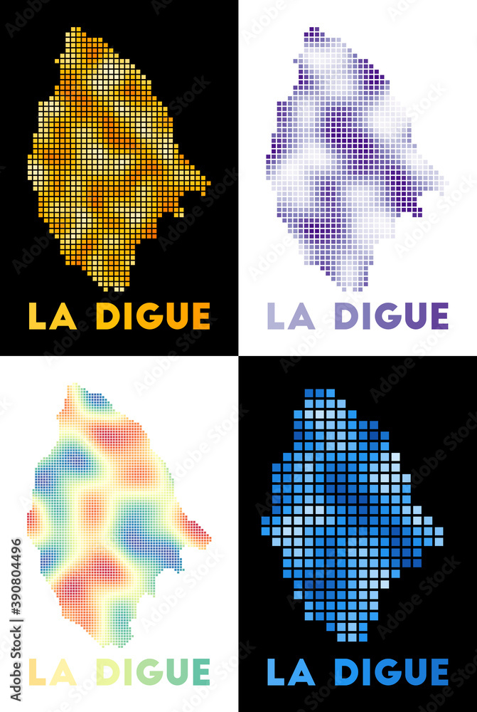 La Digue map. Collection of map of La Digue in dotted style. Borders of the island filled with rectangles for your design. Vector illustration.