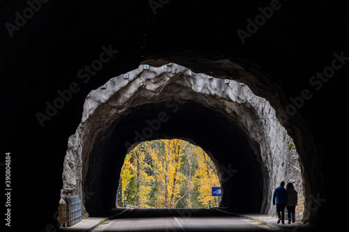 two people in the tunnel  Yecla gorge  Santo Domingo de Silos  Burgos province  Spain
