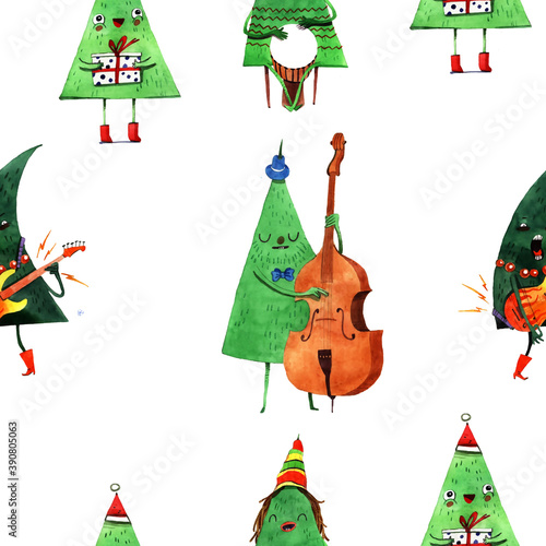 Seamless pattern illustration which contains christmas freak trees with music instruments isolated on white background
