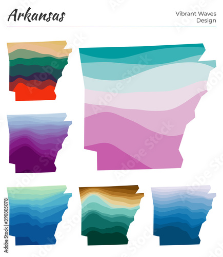 Set of vector maps of Arkansas. Vibrant waves design. Bright map of us state in geometric smooth curves style. Multicolored Arkansas map for your design. Charming vector illustration. photo