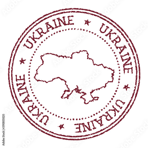 Ukraine round rubber stamp with country map. Vintage red passport stamp with circular text and stars, vector illustration.