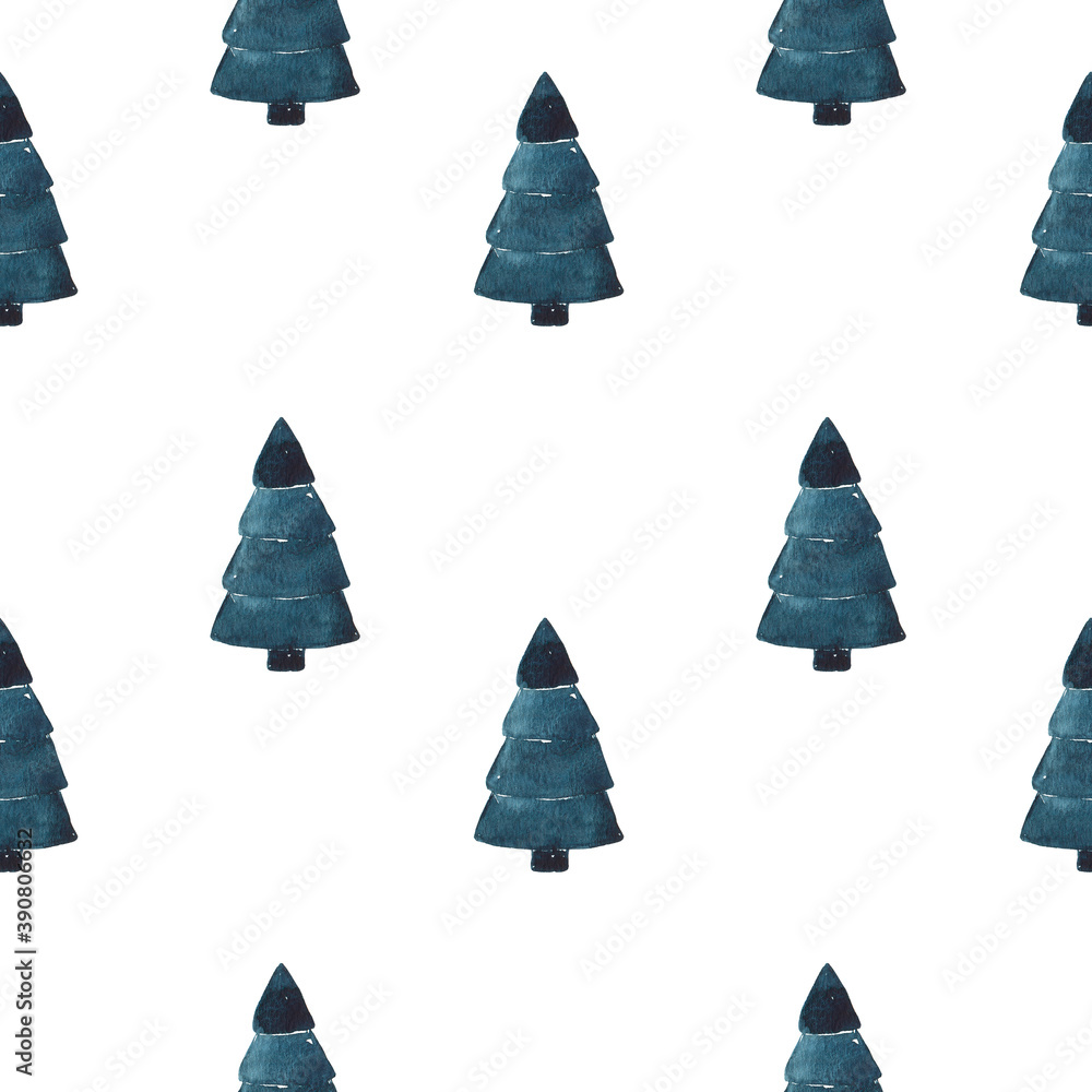 Obraz premium Watercolor Christmas fir tree seamless pattern. Hand drawn winter holiday background. Indigo blue color digital paper for fabric print, wrapping, scrapbook.