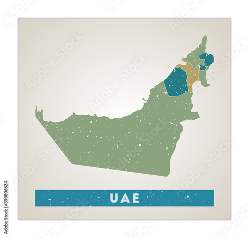 UAE map. Country poster with regions. Old grunge texture. Shape of UAE with country name. Charming vector illustration.