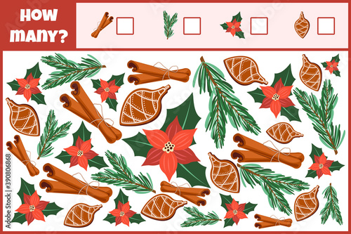 Educational mathematical game. Count the number of Christmas decorations. Count how many Christmas decorations. Counting game for children.