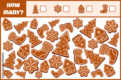 Educational mathematical game. Count the number of christmas gingerbreads. Count how many christmas gingerbreads. Counting game for children.