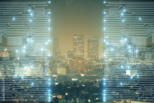 Double exposure of technology theme hologram and cityscape background. Concept of Hightech.