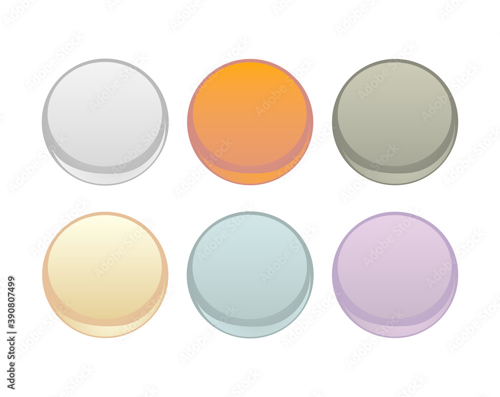 Vector web buttons collection. Blank, glowing, colorful circular grey, red, dark, beige, green and violet button set. Flat elements design for website design isolated on white background