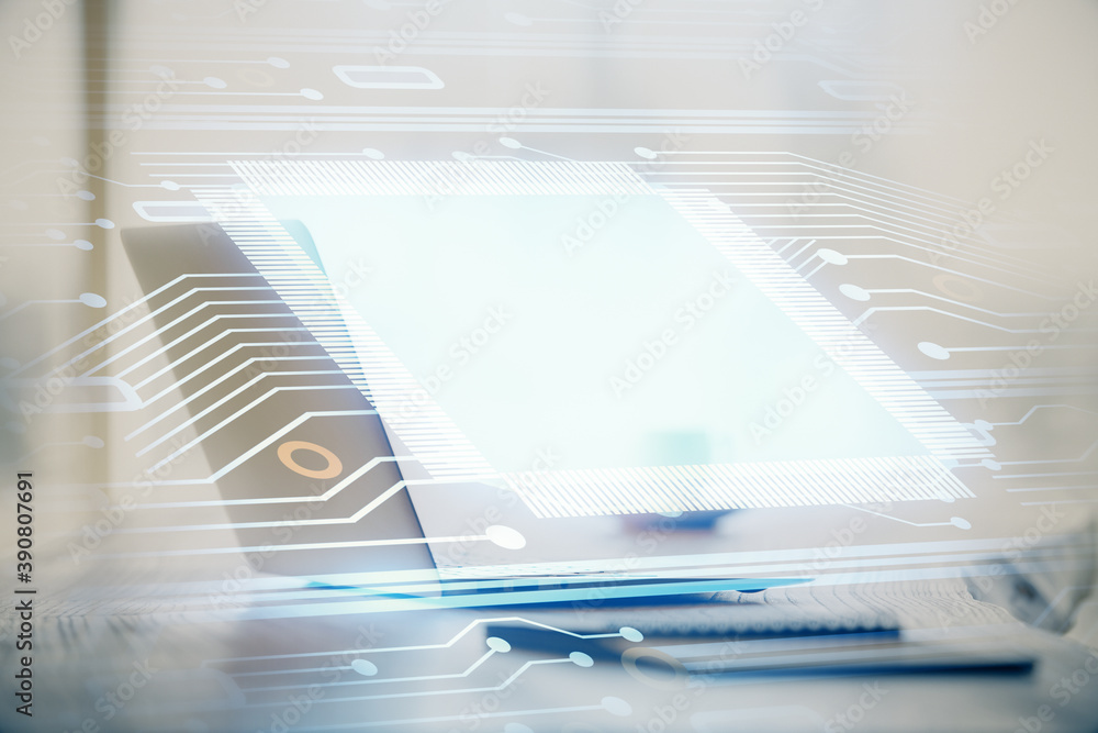 Double exposure of table with computer on background and data theme drawing. Concept of innovation. Double exposure of table with computer on background and data theme drawing. Concept of innovation.