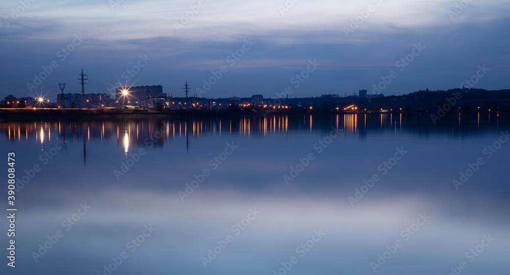 Night lights of town Vyshgorod on the Kiev Sea, Ukraine