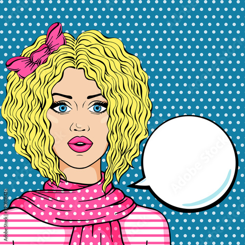Naive blonde girl with speech bubble for text pop art comic style vector illustration, surprised curly hair blond woman thinking.