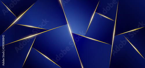 Abstract background with blue polygon triangles shape and golden line, golden lighting effect luxury style. Vector illustration