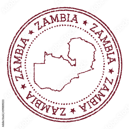 Zambia round rubber stamp with country map. Vintage red passport stamp with circular text and stars, vector illustration.
