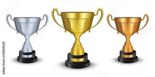 Gold, silver and bronze winners cup. Winner trophy cup. Sport award. Vector illustration