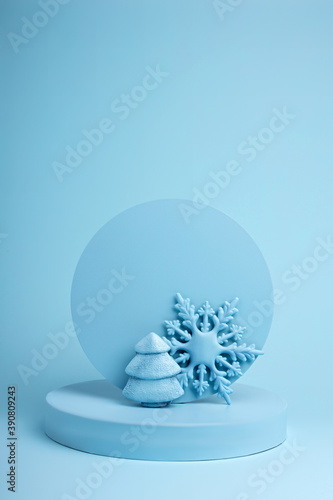 Creative winter layout made of bauble ornaments. Christmas or New Year season concept. Concept scene stage podium showcase, for product, promotion, sale, banner, presentation, cosmetic. Flat lay.