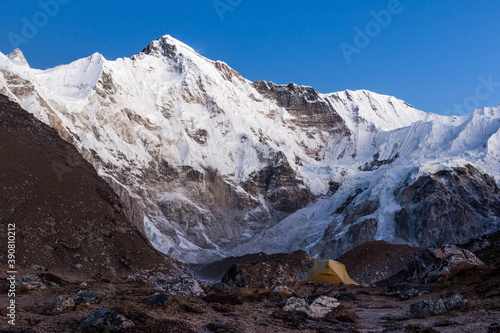 Camping at mount Cho Oyu base camp in front of south face of the mountain. High himalayas early morning. Nepal. photo