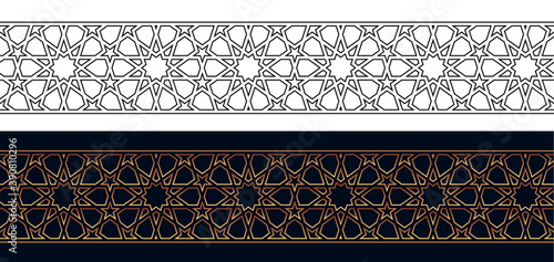 Islamic ornamental seamless border based on a tenfold traditional rosette. Vector illustration.
