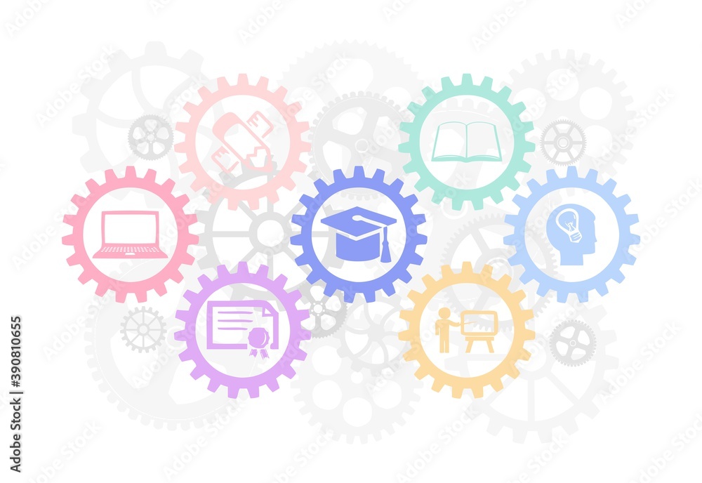 An education concept with gears, related with university and work, industrial education, clipart, education related illustration, graduation, diploma An education concept with gears, related with university and work, industrial education, clipart, education related illustration, graduation, diploma