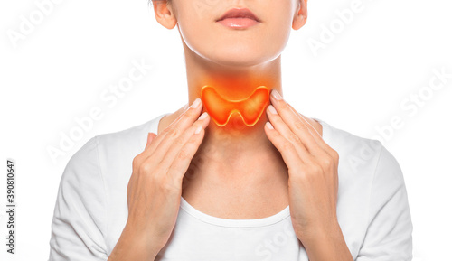 Woman showing painted thyroid gland on her neck. Enlarged butterfly-shaped thyroid gland, isolated on white background photo