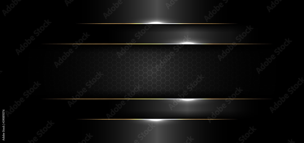 Abstract banner design template black glossy with gold line and lighting effect on dark background and texture - obrazy, fototapety, plakaty 
