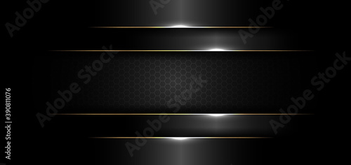 Abstract banner design template black glossy with gold line and lighting effect on dark background and texture photo