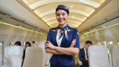 Photos Cabin crew or air hostess working in airplane