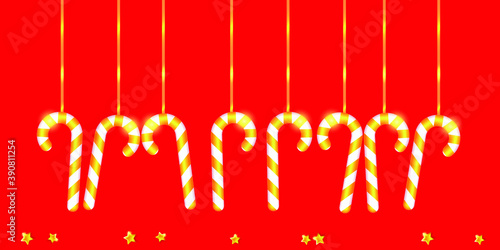 Merry Christmas and Happy New Year illustration. Winter holiday vector illustration. Hanging candy canes. Festive composition with realistic 3D objects