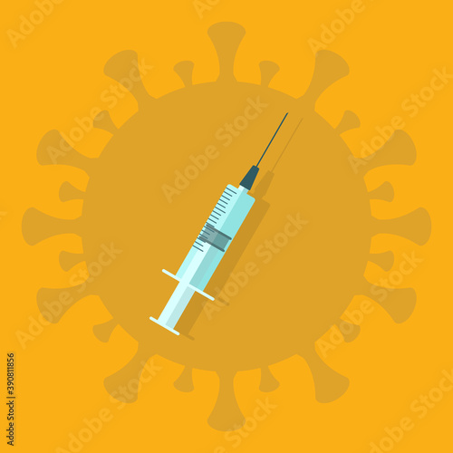 Syringe. Empty syringe on a virus silhouette background vector illustration, flat cartoon medical vaccine needle icon