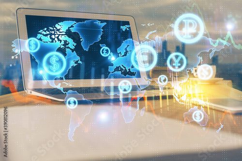 Fototapeta Naklejka Na Ścianę i Meble -  Financial chart drawing and table with computer on background. Multi exposure. Concept of international markets.