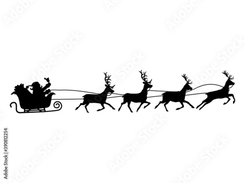Silhouette of Santa Claus on a reindeer sleigh. isolate on white background. Vector illustration