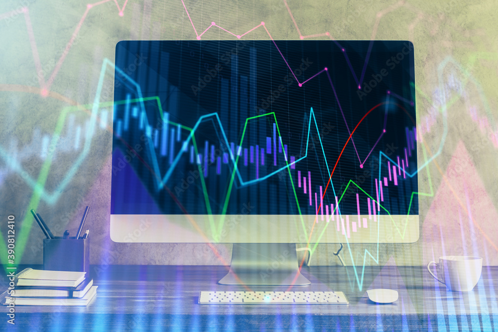 Forex market chart hologram and personal computer background. Multi exposure. Concept of investment. Forex market chart hologram and personal computer background. Multi exposure. Concept of investment.