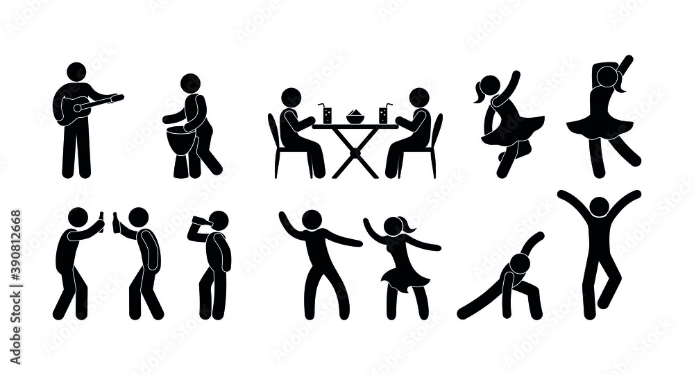 people having fun, dancing, playing music, resting, stick figure pictograms isolated icons people having fun, dancing, playing music, resting, stick figure pictograms isolated icons